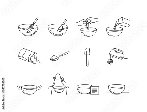 Kitchen Mixing Essentials. Minimalistic set one-line drawing glass bowl with whisk, metal spoon stirring, hand cracking egg, milk carton pouring, flour bag