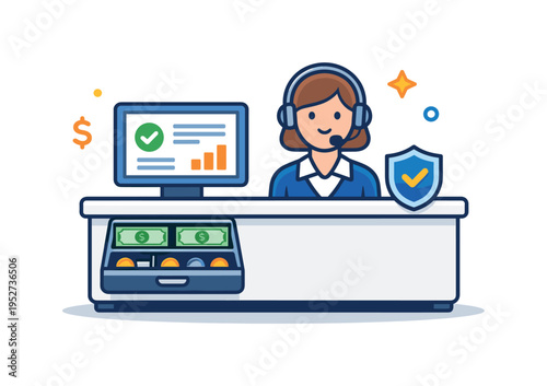 Bank teller counter service featuring a digital screen and cash drawer integrated into the counter, communicating efficiency, security, and modern banking