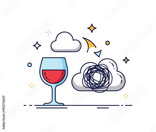 Alcohol as a stress reliever concept illustrated by a wine glass placed beside a tangled scribble cloud transforming into a clearer shape, expressing the
