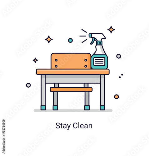 Cleanliness in schools and classrooms bright and tidy learning space symbolized by a simple school desk paired with a sparkling spray bottle and soft shine