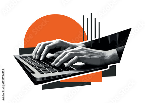 Black and white close-up of hands typing on a laptop keyboard, dynamic diagonal crop, layered with a large semicircle in burnt orange and thin vertical lines
