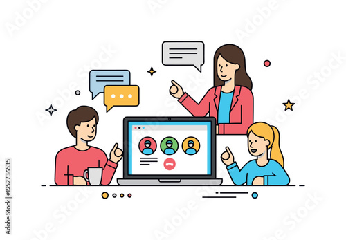 Cafe video call meeting scene with a laptop screen showing small profile icons symbolizing remote collaboration from public spaces. Subtle speech bubble