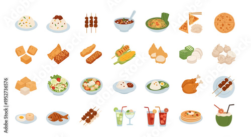 Indonesian Traditional Food and Street Food Vector Illustration Icon Set