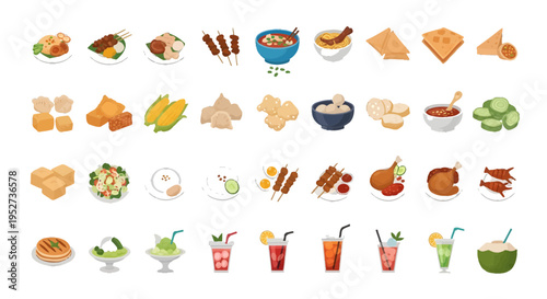 Indonesian Traditional Food and Street Food Vector Illustration Set