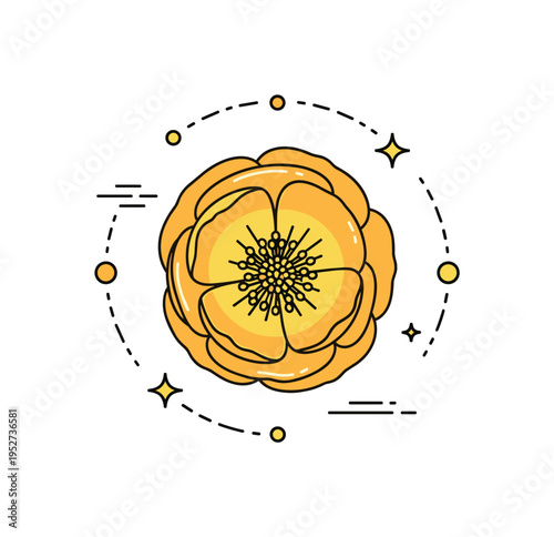 Buttercup blossom close up concept illustrated by a single flower head viewed from above with glossy petal shapes and tiny center detail, expressing botanical
