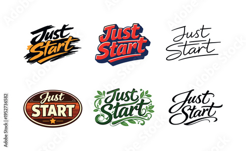 Just Start. Set lettering. harmonious lettering variations of the same emblematic concept, each with different artistic interpretation (Dynamic brushstroke