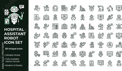 Hospital assistant robot line icon set with healthcare automation robotic helpers telemedicine devices and smart medical service symbols