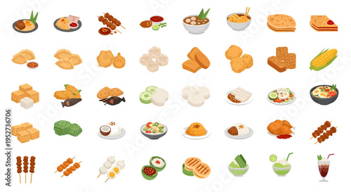 Indonesian Traditional Food and Street Food Vector Icon Set, Flat Design Illustration of Asian Culinary Dishes