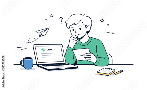 Aftermath of send. A calm but uneasy character rereading a sent email, acceptance mixed with lingering doubt, open space emphasizing emotional pause.
