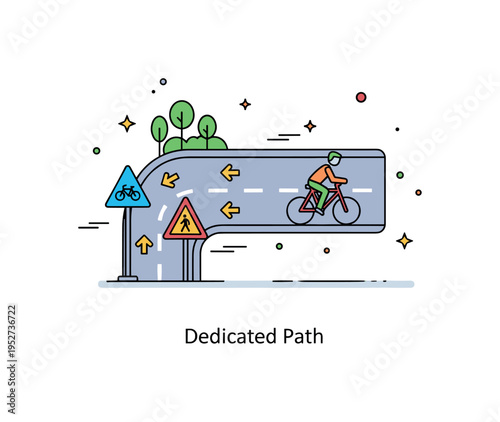 Protected bike path illustration featuring a designated lane with small directional arrows and a cyclist, symbolizing clear navigation and pedestrian