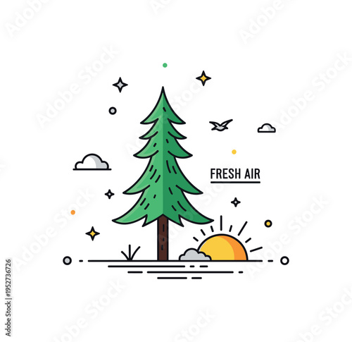 Forest morning scene featuring a tall pine tree as the main element with a rising sun and tiny bird silhouette nearby, conveying freshness and new beginnings.