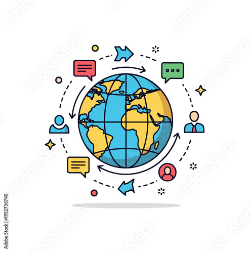 International business symbol globe encircled by small arrows and chat icons, conveying worldwide collaboration and digital connectivity. Minimalist flat