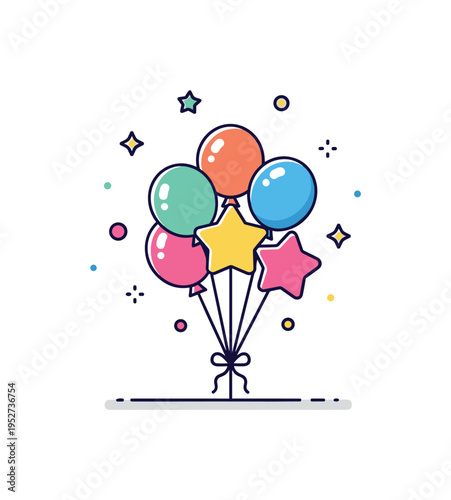 Colorful birthday balloons cluster concept represented by a small bunch of round and star shaped balloons tied together with ribbon, symbolizing cheerfulness