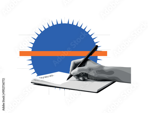 Black and white hand writing a to-do list in notebook, large electric blue sun-like disc behind intersected by sharp orange horizontal bar