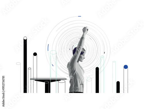 A monochrome employee stretching at a standing desk, concentric circular shapes behind emphasizing vitality, abstract cylindrical forms representing
