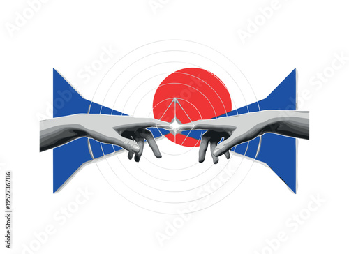 Black and white hands nearly touching with a thin glowing geometric line between fingertips, bold red semicircle behind as emotional focal point, cobalt blue