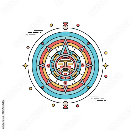 Aztec calendar inspired circular symbol with layered geometric patterns radiating from a central face motif, expressing cosmic order and ancient timekeeping