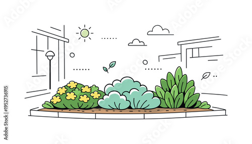 Urban shrub planting. Shrubs planted along a walkway or near buildings, clean urban environment softened by greenery. Calm city-nature balance with minimal
