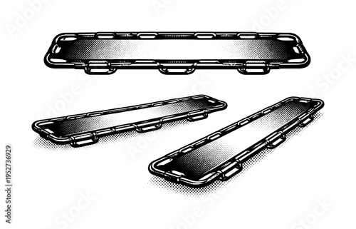 Stretcher A rigid emergency stretcher with flat surface, side handles, and structural supports, shown in top view, side profile view, and angled perspective