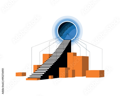 Conceptual space travel theme with black-and-white staircase ascending into oversized blue circular portal, orange rectangular base blocks grounding