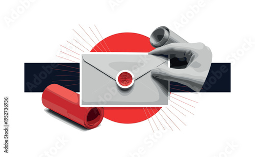 Monochrome close-up of an envelope being sealed with a festive sticker, high-contrast black and white with sticker-like white contour around the envelope,