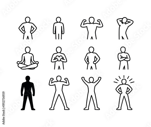 Personal confidence. Line icon set of Personal confidence: self belief pose, calm standing posture, inner strength stance, relaxed confident pose, mindful