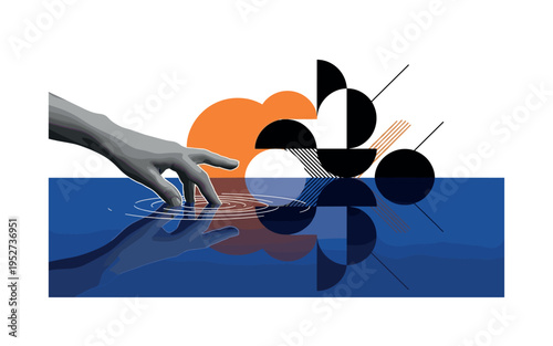 A realistic monochrome hand touching oasis water, reflection transforming into bold geometric semicircles and abstract shapes, large flat circle behind