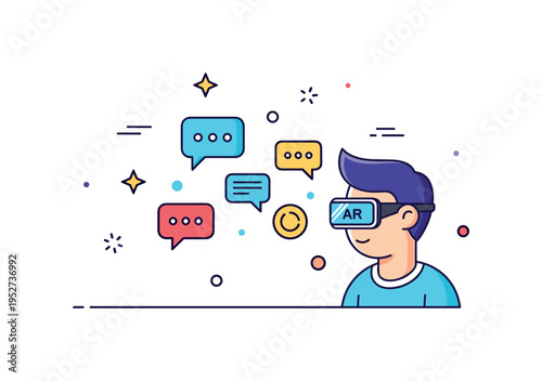 Augmented reality language learning depicted as a person in AR glasses viewing floating speech bubbles and word icons, symbolizing interactive communication