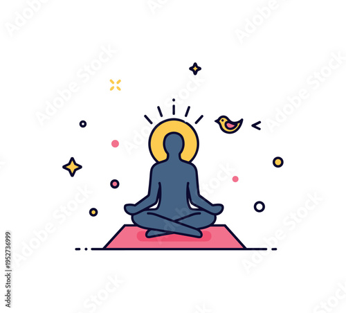 Peaceful dawn meditation featuring a seated silhouette on a simple mat with a tiny bird icon nearby, symbolizing quiet and natural harmony before activity