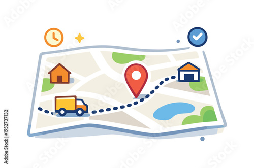 Delivery tracking map focused on real-time logistics visibility, a simplified map with a moving location pin and a dotted route line that conveys progress and