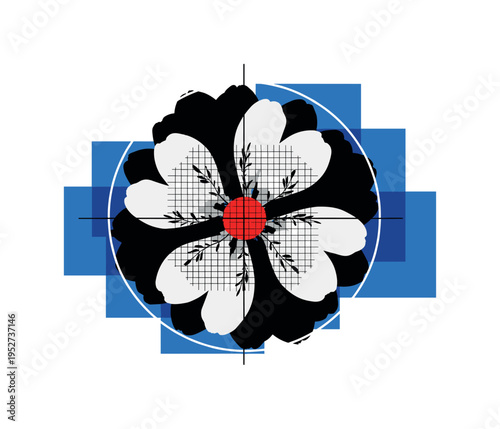 Black and white top view of flower petals arranged in symmetrical pattern, vivid red circle marking focal point at the core, thin vertical and horizontal lines