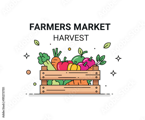 Farmers market harvest concept featuring a small wooden crate filled with colorful produce and subtle leaf accents, symbolizing seasonal availability and local