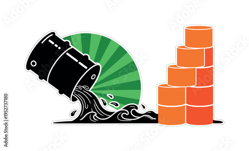 Black and white oil barrel leaking into abstract wave shapes, toxic green semicircle radiating behind, orange cylindrical blocks stacked vertically like