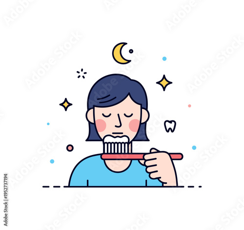 Brushing teeth nighttime hygiene routine illustrated by a calm character holding a toothbrush with a small crescent moon accent above. A gentle visual metaphor