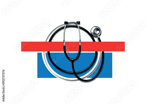Black and white stethoscope arranged into a circular orbit shape, bold red horizontal bar intersecting the circle like a heartbeat interruption, blue