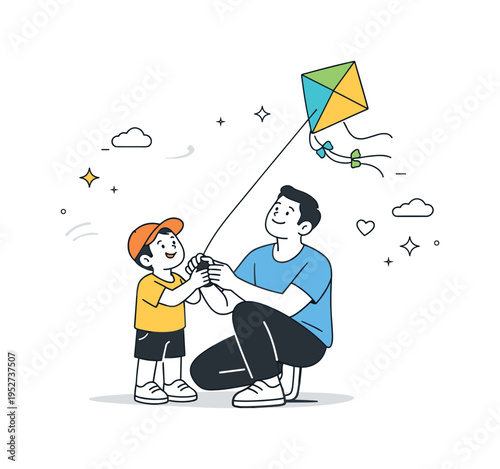 Family flying a kite. An adult and child holding a kite string together, looking up with relaxed body language. The scene conveys bonding, shared moments, and