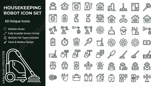 Housekeeping Robot Line Icon Set Featuring Smart Home Cleaning Automation Devices And Domestic Service Technology