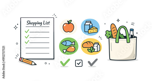 Grocery planning objects. A shopping list, checkmarks, food category icons, and a reusable bag, presented as an organized planning scene. The mood is