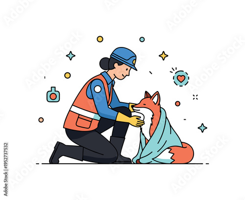 Wildlife rescue effort volunteer silhouette kneeling beside a rescued fox wrapped in a light blanket. A heartfelt editorial illustration expressing empathy,