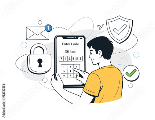 Two-Factor Authentication Protection. A user entering a verification code on a mobile banking app while a floating lock, shield, and message notification