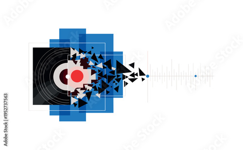 Black and white fragmented album page transforming into abstract geometric shapes on one side, vivid red circle marking focal memory point, thin vertical and