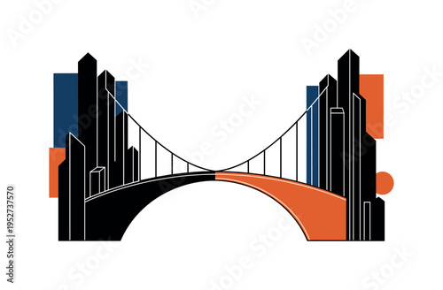 Black and white abstract bridge connecting two symbolic architectural forms, sharp angular blocks transitioning into smooth semicircles representing