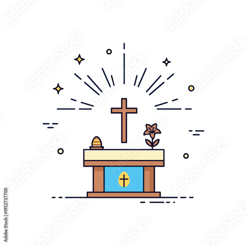Easter service church altar concept showing a cross above an altar with subtle sunburst rays and a small lily accent, expressing renewal, hope and spiritual