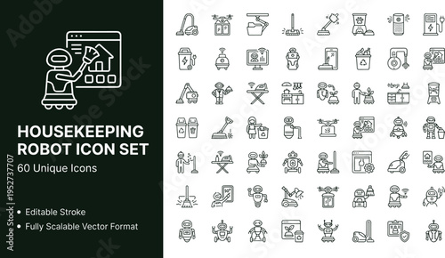 Housekeeping robot line icon set with smart cleaning machines automated domestic helpers and household service technology symbols collection