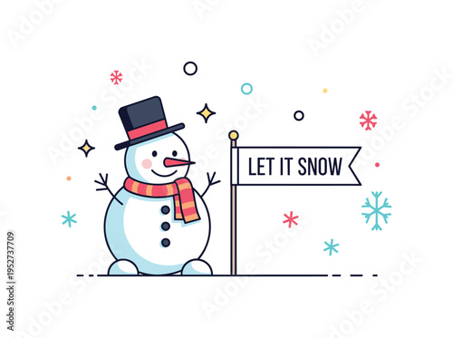 Frosty the Snowman theme for winter parties featuring a cheerful snowman with a top hat and scarf standing beside a small banner that reads ?Let It Snow.?