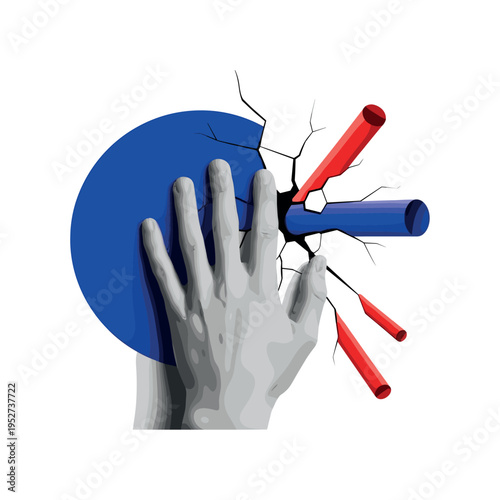 Black and white close-up of human hand touching a cracked wall, oversized cobalt blue circle behind the hand, sharp red diagonal accent suggesting sudden