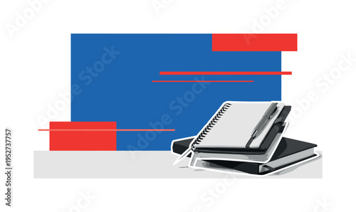 Retro monochrome close-up of a journal and pen arranged neatly on a desk, symbolizing daily affirmation rituals, large flat cobalt blue geometric backdrop