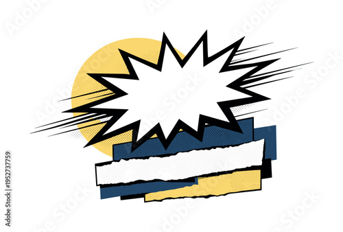 Black and white jagged starburst frame tilted diagonally, dynamic thin speed lines slicing across the composition, large pastel yellow circle partially cropped