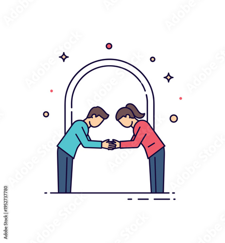 Ceremonial opening greeting illustrated by two figures exchanging a respectful bow with a subtle arch shape framing the scene, symbolizing formality and