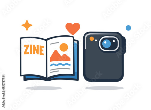 Zine culture comeback modern revival concept shown as a zine paired with a smartphone camera icon, expressing the blend of analog publishing and contemporary